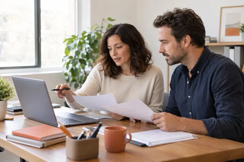 Illustrative scene of two professionals organizing documents and checking application details