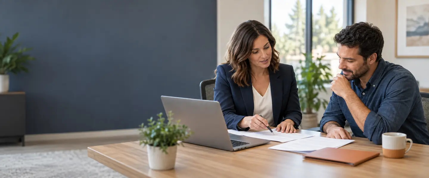 Illustrative scene of an advisor and a client reviewing application documents together