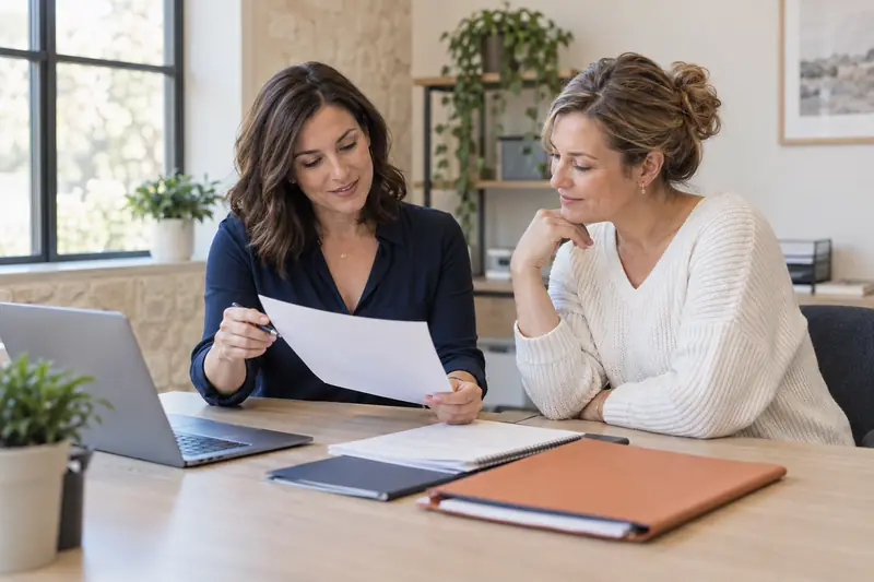 Illustrative consultation with an advisor explaining application documents to a client